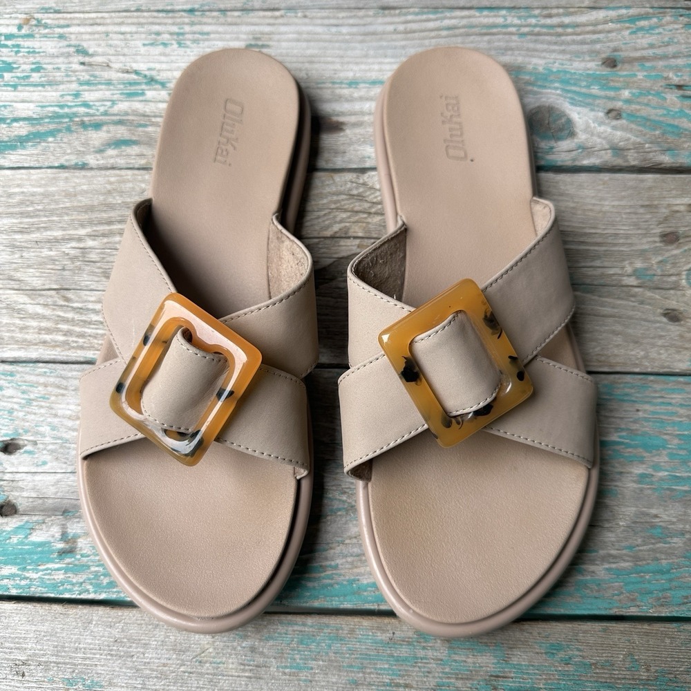 OluKai Taupe Slide Sandals with Amber Buckle